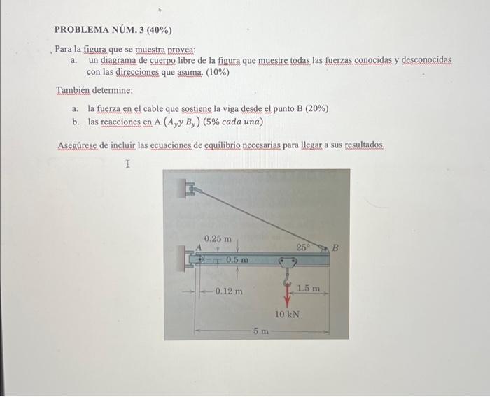 PROBLEMA NÚM. 3 ( \( 40 \% \) ) . Para la figura que se muestra provea: a. un diagrama de cuerpo libre de la figura que muest