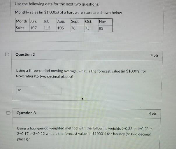 Solved Use the following data for the next two questions: | Chegg.com