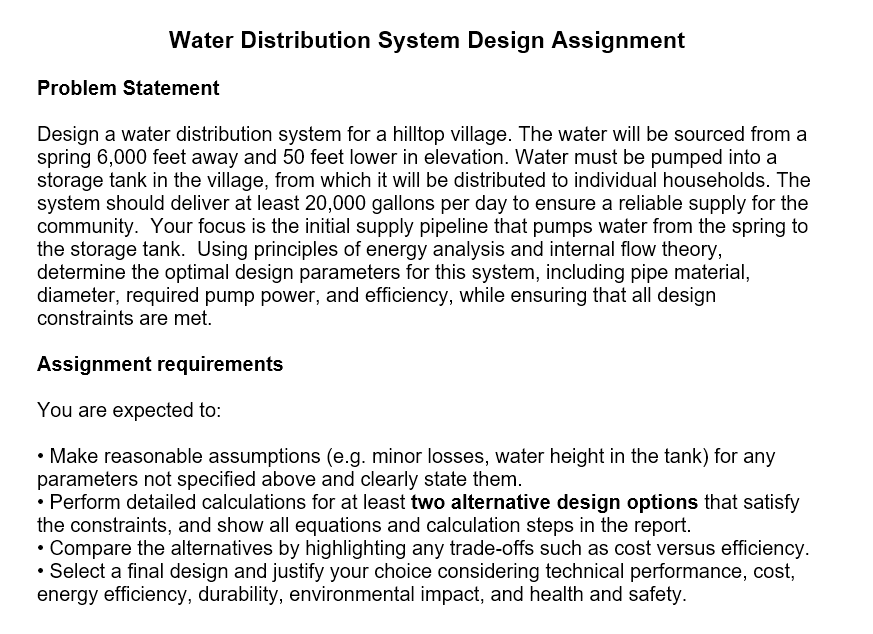 Solved Water Distribution System Design Assignment Problem | Chegg.com