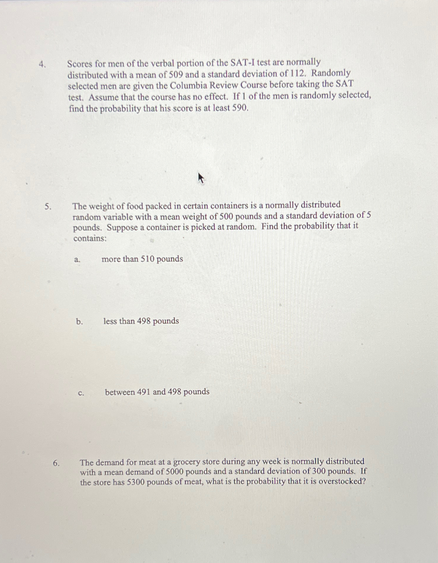 Solved Scores for men of the verbal portion of the SAT-I | Chegg.com