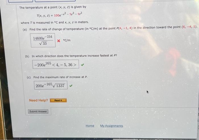 Solved The temperature at a point (x,y,z) is given by | Chegg.com