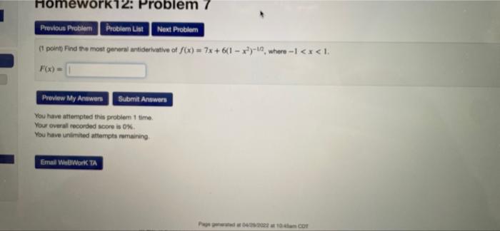 Solved 1 Homework12: Problem 7 Previous Problem Problem List | Chegg.com