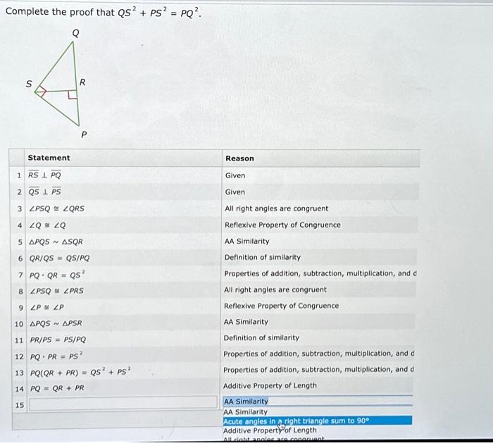 Solved Complete the proof that QS² + PS² = PQ². Q S | Chegg.com