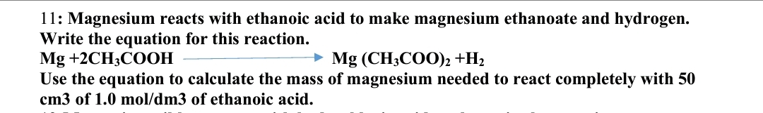 Solved 11 Magnesium Reacts With Ethanoic Acid To Make 1268