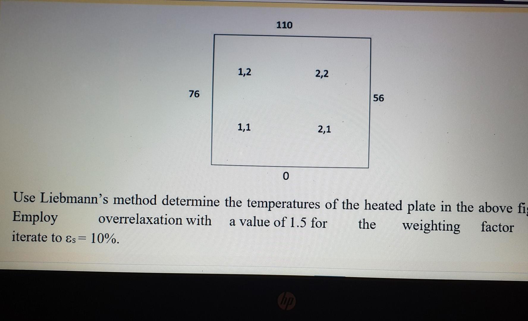 Solved 110 1,2 2,2 76 56 1,1 2,1 0 Use Liebmann's method | Chegg.com