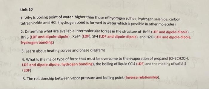 Solved Unit 10 1. Why is boiling point of water higher than 