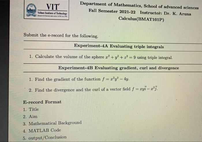 Solved VIT Department of Mathematics, School of advanced | Chegg.com