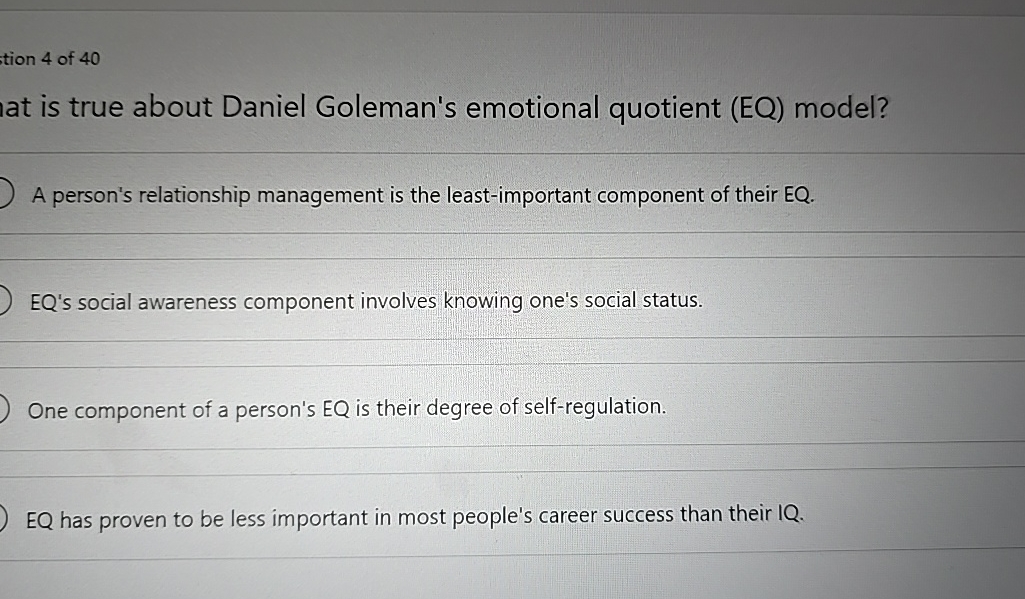 Solved tion 4 ﻿of 40 ﻿what is true about Daniel Goleman's | Chegg.com