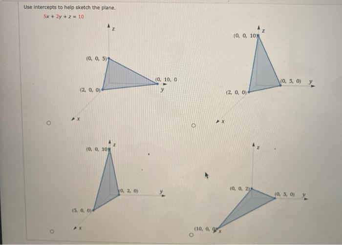 Solved Use intercepts to help sketch the plane. 5x + 2y + z