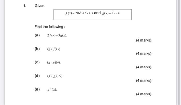 Solved 1 Given F X 20x2 6x 3 And G X 8x−4 Find The