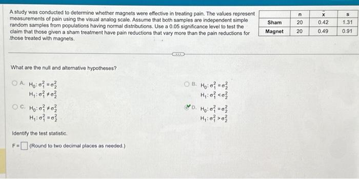 Solved A study was conducted to determine whether magnets | Chegg.com