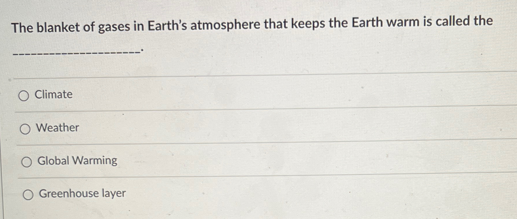 Solved The blanket of gases in Earth's atmosphere that keeps