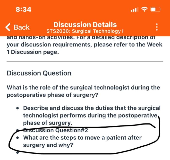 8:34 ( Back Discussion Details STS2030: Surgical Technology ana nanas-on activities. For a detailed description or your discu