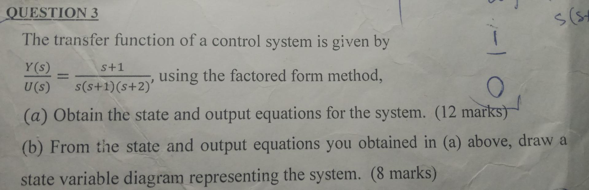 Solved QUESTION 3 S(s. S The transfer function of a control | Chegg.com