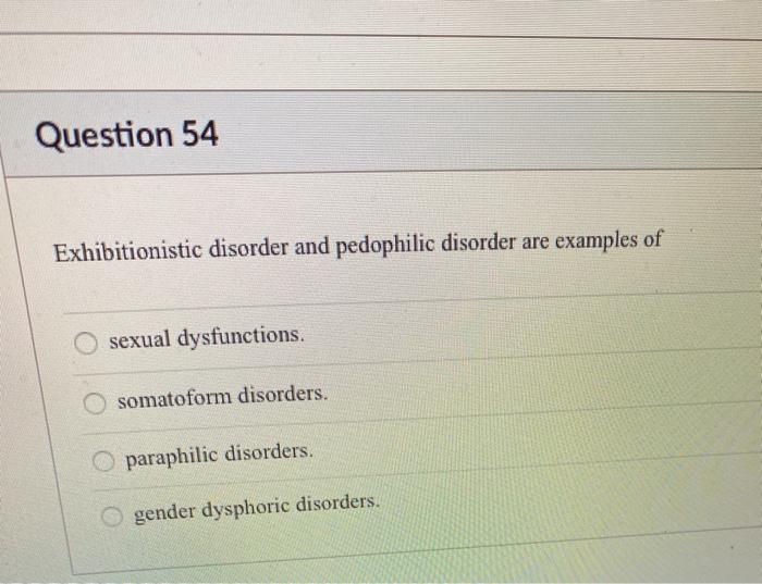 Solved Question 54 Exhibitionistic disorder and pedophilic Chegg