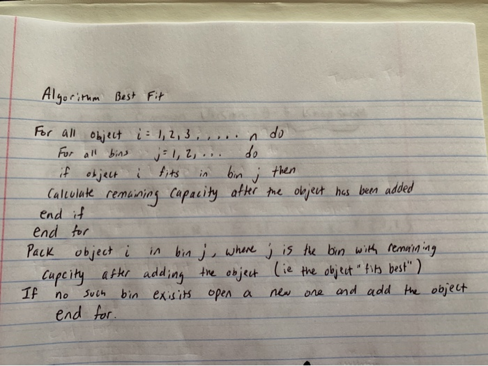 Solved Algorithm Best Fit For all object ; : 1, 2, 3 ..... n | Chegg.com