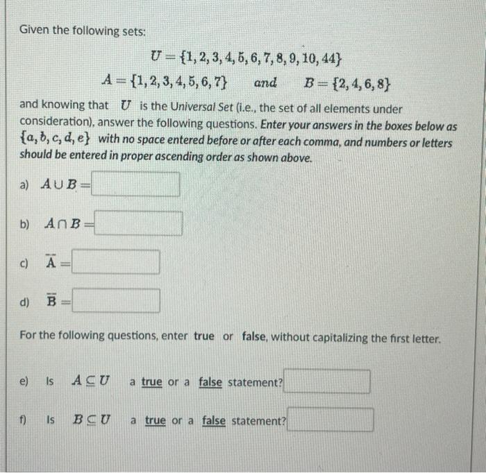 Solved Given The Following Sets: | Chegg.com