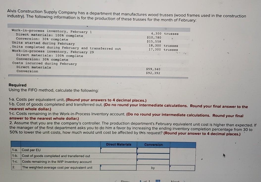 Solved Alvis Construction Supply Company has a department
