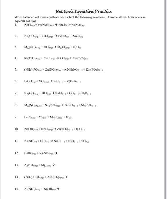 Solved Net Ionic Equations 9.3 - Reactions in Aqueous | Chegg.com