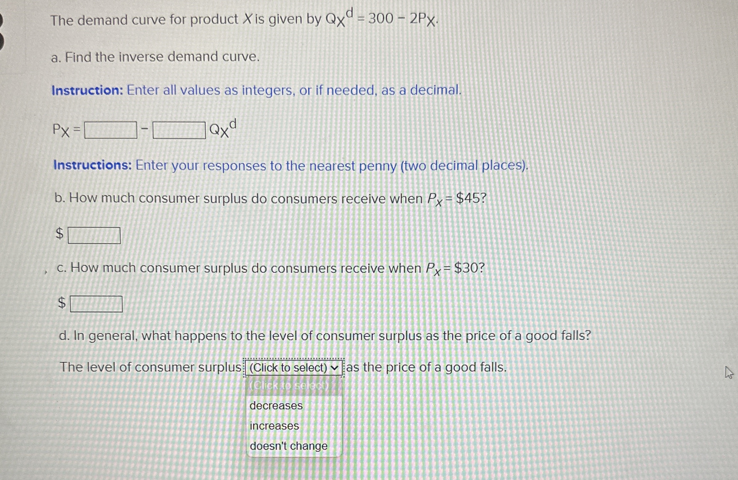 Solved The demand curve for product x ﻿is given by | Chegg.com