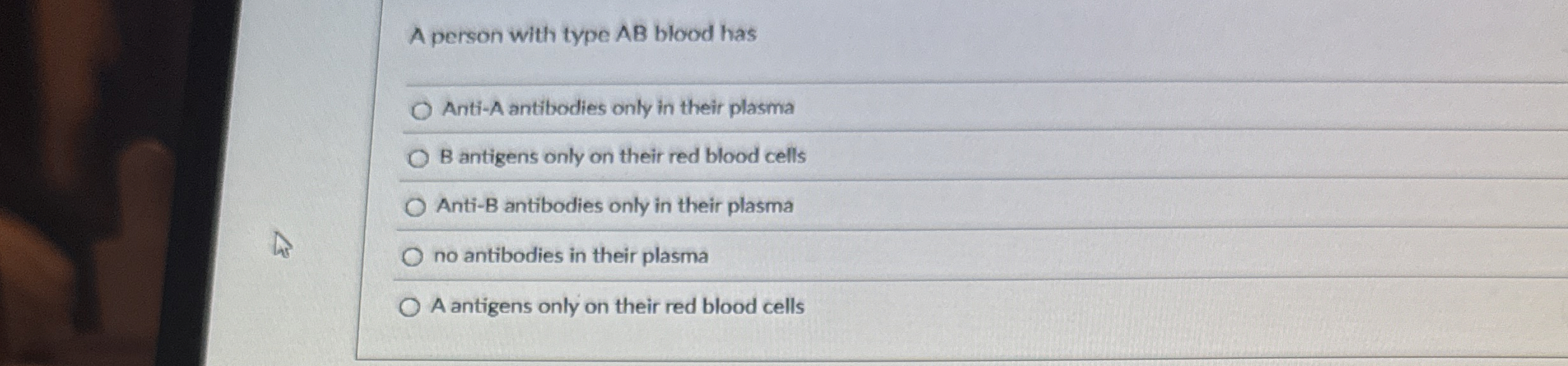 Solved A person with type AB ﻿blood hasAnti-A antibodies | Chegg.com