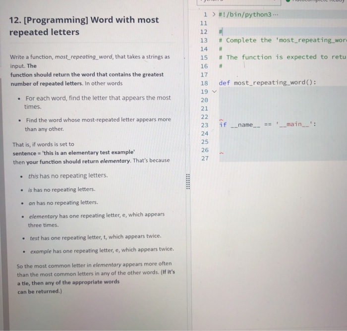 Solved 12. [Programming] Word with most repeated letters # | Chegg.com