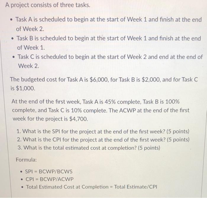 Solved A project consists of three tasks. • Task A is | Chegg.com
