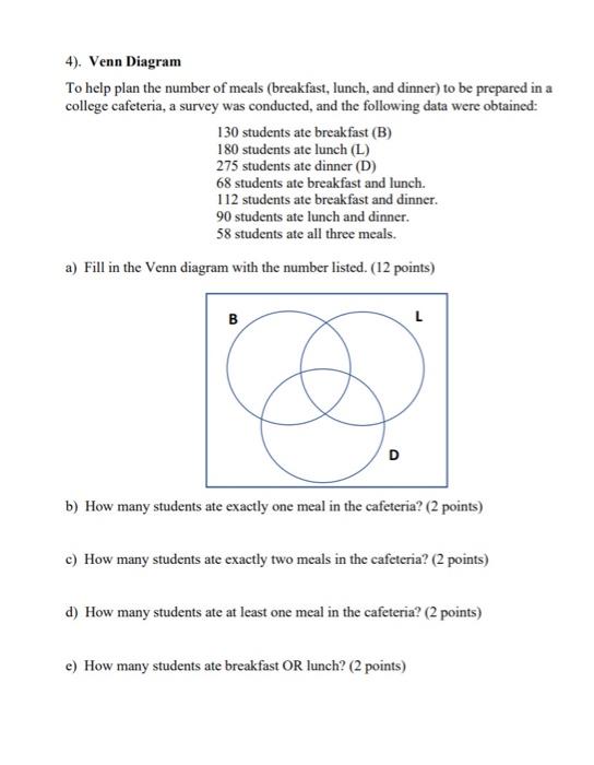 Solved 4). Venn Diagram To help plan the number of meals | Chegg.com