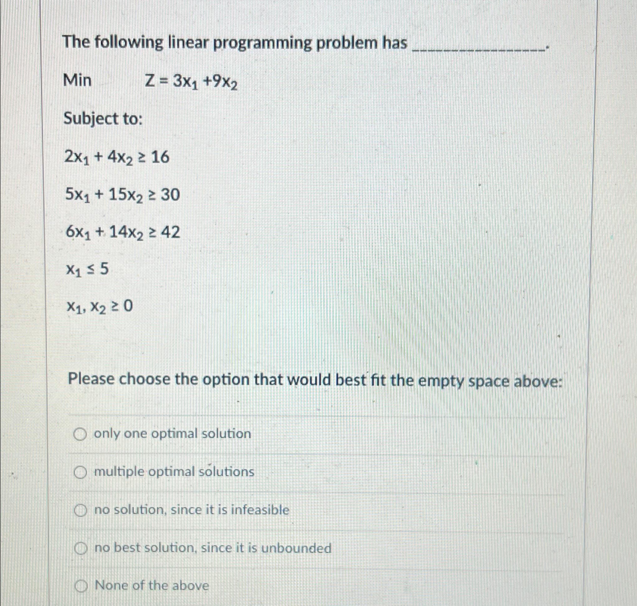 Solved The following linear programming problem has ﻿Min | Chegg.com