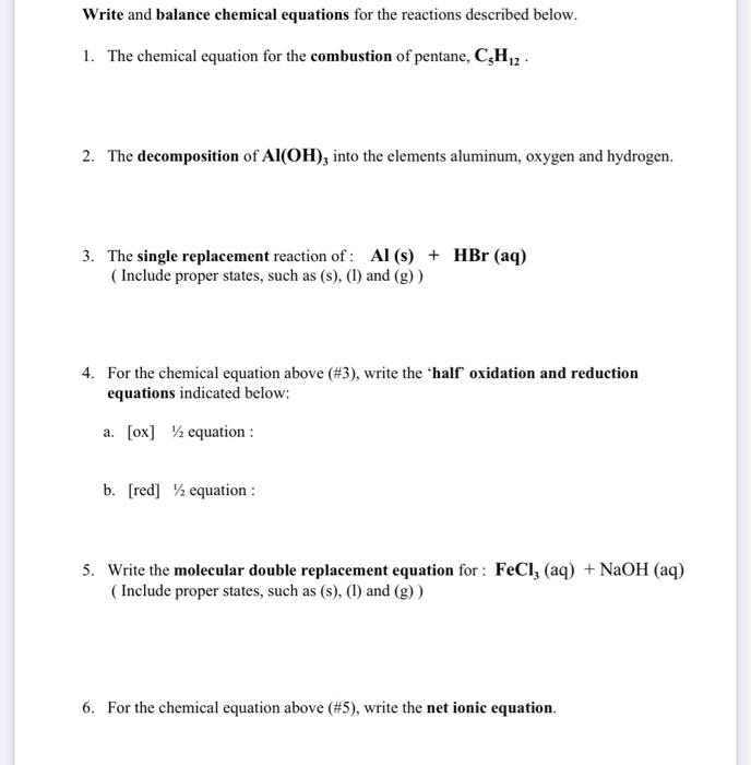 Solved 1. The chemical equation for the combustion of | Chegg.com