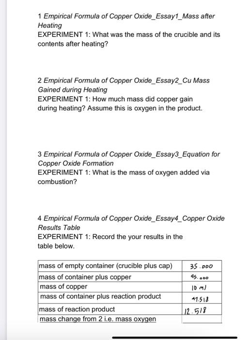 1 Empirical Formula of Copper Oxide_Essay1_Mass after