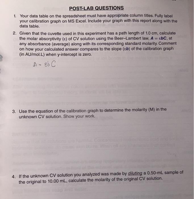 Solved POST-LAB QUESTIONS 1. Your Data Table On The | Chegg.com