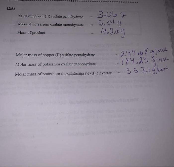 Solved Data Mass of copper (II) sulfate pentahydrate Mass of