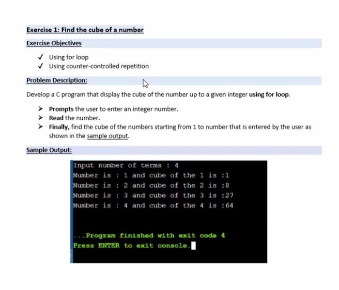 Solved Exercise 1: Find the cube of a number Exercise | Chegg.com