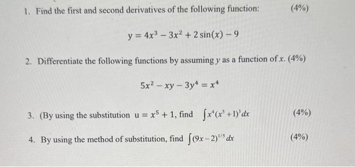 Solved 1. Find the first and second derivatives of the | Chegg.com