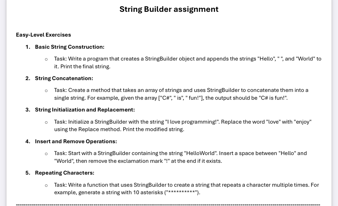 Solved String Builder assignmentEasy-Level ExercisesBasic | Chegg.com