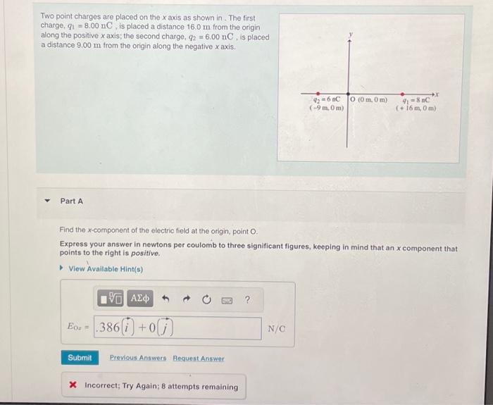 Solved Two point charges are placed on the x axis as shown | Chegg.com
