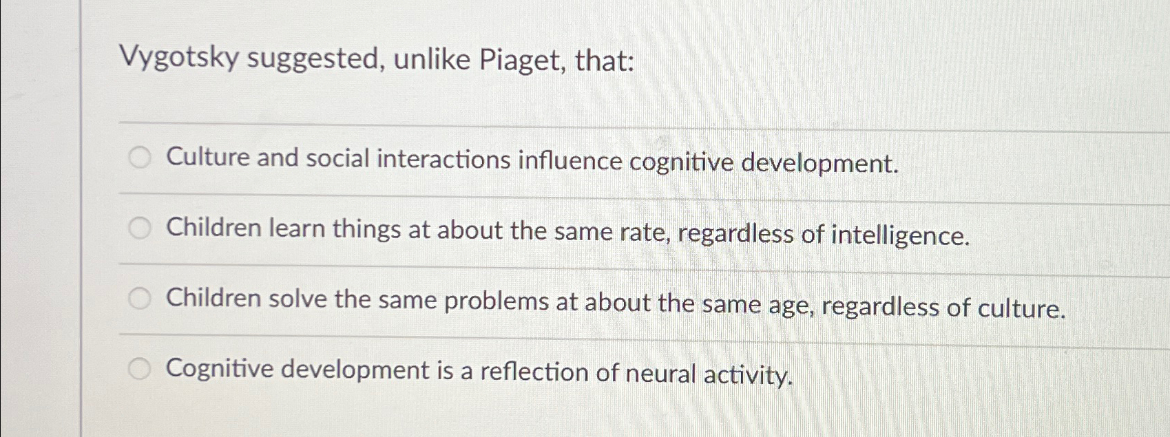 Solved Vygotsky suggested unlike Piaget that Culture and Chegg