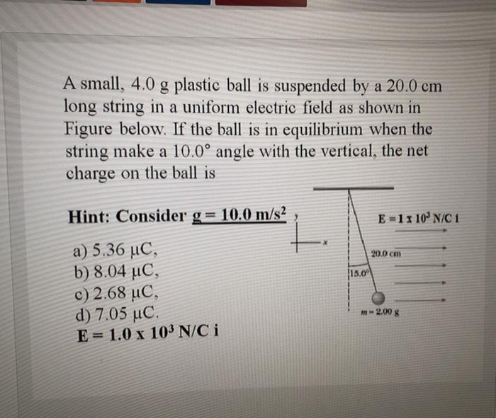 Solved A small, 4.0 g plastic ball is suspended by a 20.0 cm