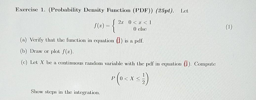 Solved Exercise Probability Density Function Pdf Chegg Com