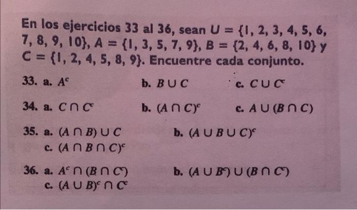 Solved En Los Ejercicios 33 Al 36 , Sean U={1,2,3,4,5,6, | Chegg.com