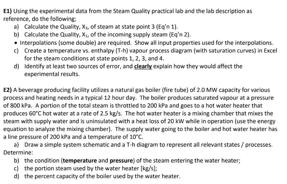 E1) Using the experimental data from the Steam