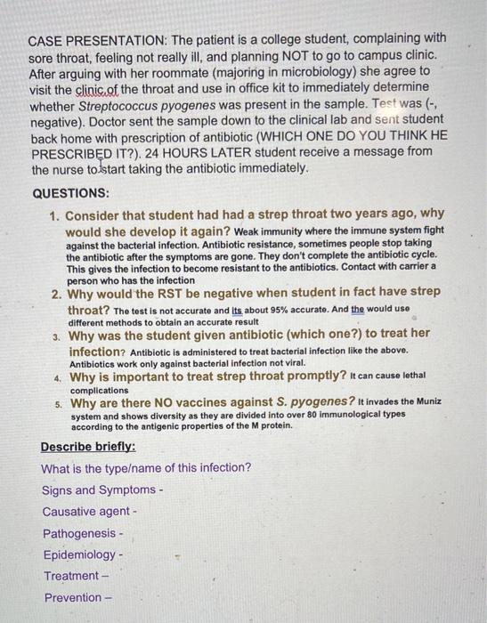 Solved CASE PRESENTATION The patient is a college student,