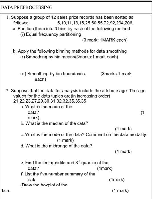 Solved DATA PREPROCESSING 1. Suppose A Group Of 12 Sales | Chegg.com