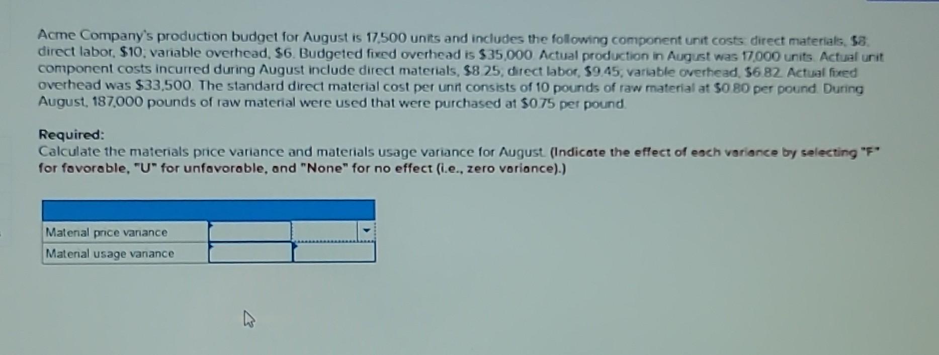 Component Unit Expense Solved Acme Company's production budget for August is 17,500 | Chegg.com