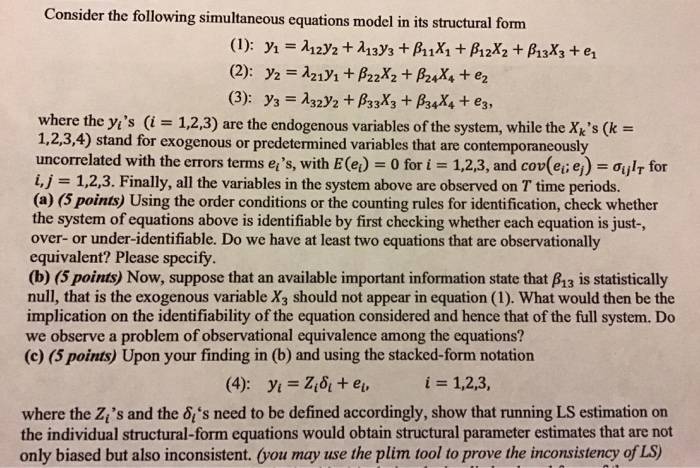Consider the following simultaneous equations model | Chegg.com
