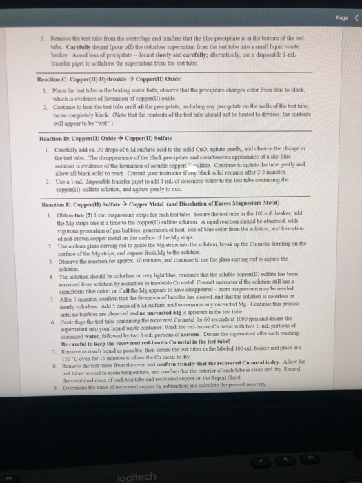 Solved 1 Reaction C Copper(II) Hydroxide to Copper(IT)
