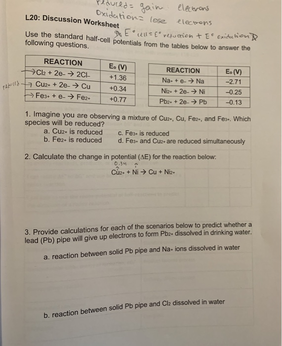 Solved Reduced Gain Electrons Oxidationa Lose Electrons 9502