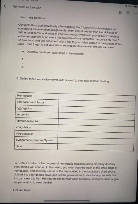 Hemostasis Exercise 100 De Hemostasis Exercise Complete this page individually after watching the Chapter 20 video lectures a