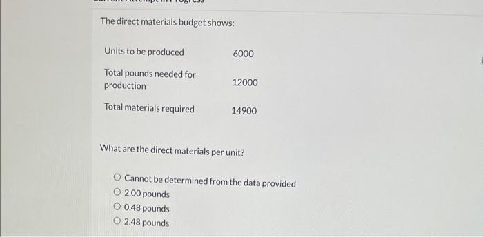 Solved The direct materials budget shows: What are the | Chegg.com